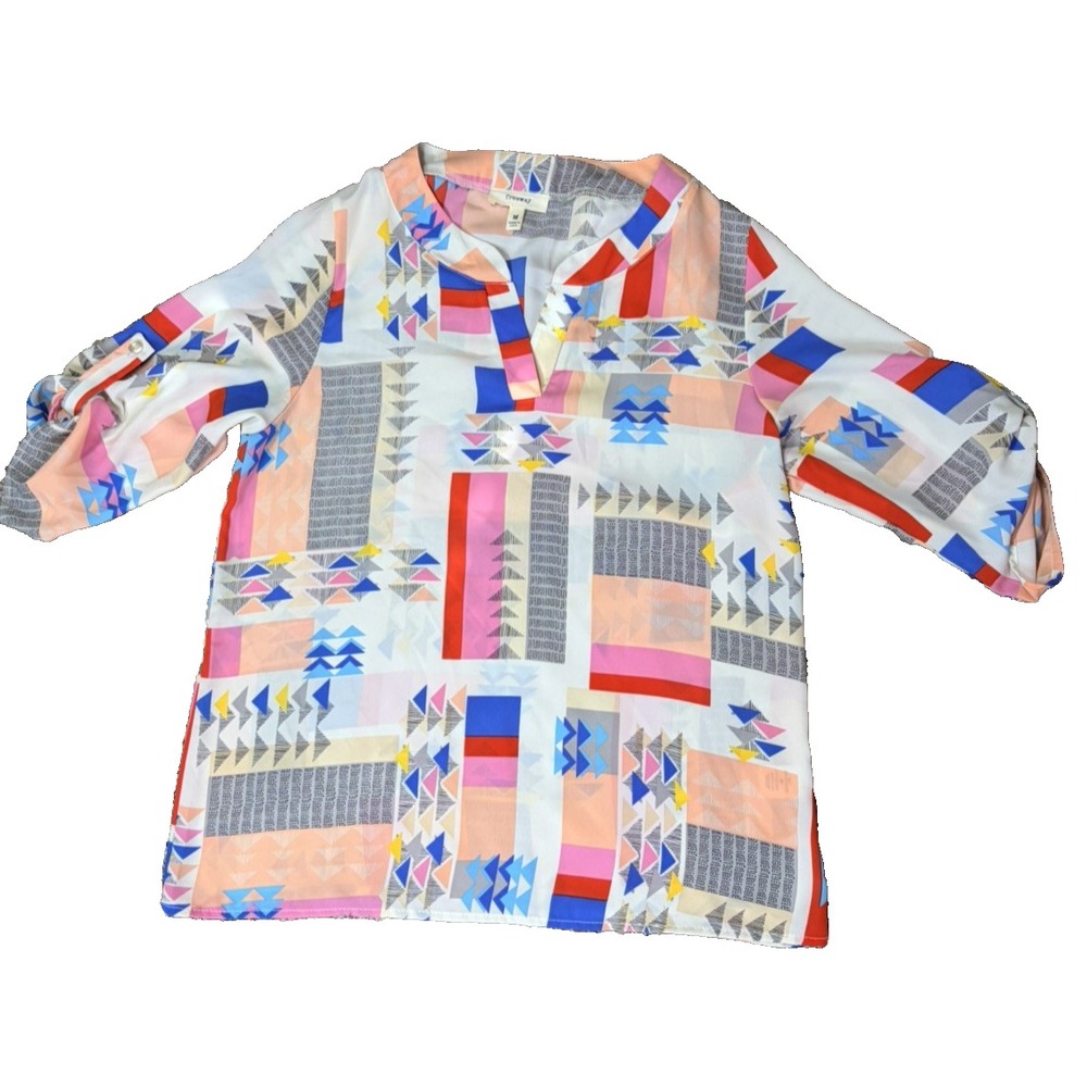 Freeway Blouse Womens Medium Geometric Pastel Print V-Neck Roll Tab 3/4 Sleeve
